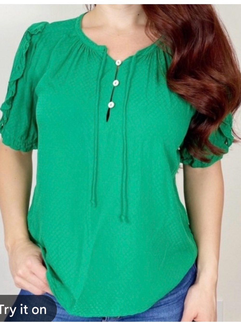 Anthropologie Green Peasant Blouse with Button Front - Small